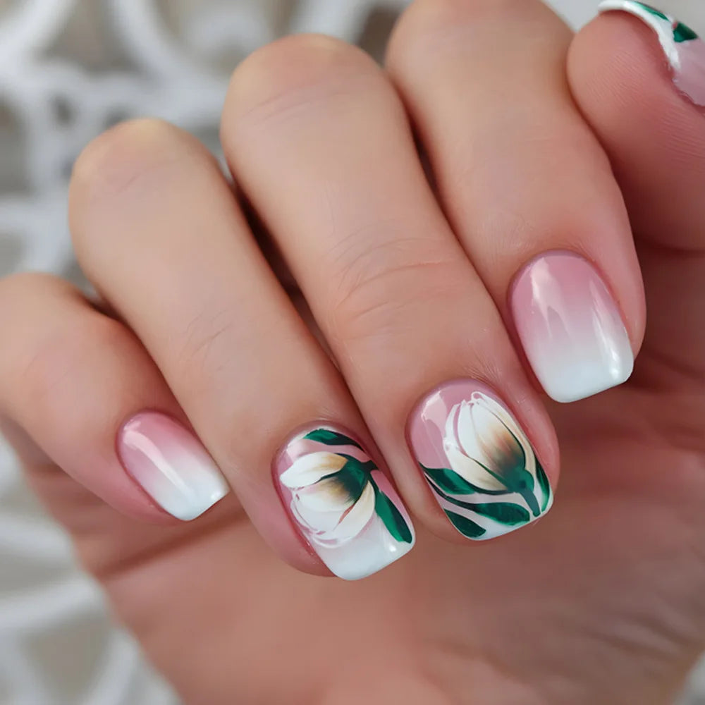 Short Square Press-On Nails - Purple Floral & Gradient French, 24 Pieces