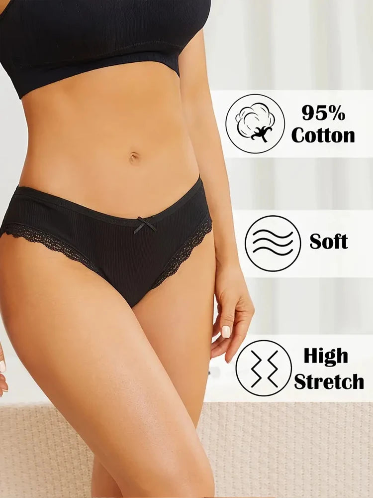 FINETOO 6PCS Women's Cotton Lace Underwear Sexy Crossed Belts Brazilian Panties Female Low Rise Breathable Briefs Soft Lingerie