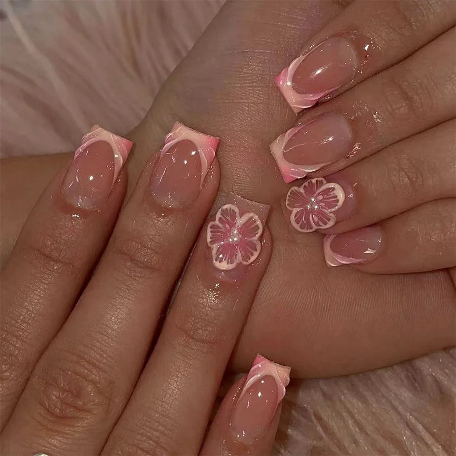 Medium Square Press-On Nails with Adhesive - Blush Pink Floral & French, 24 Pieces
