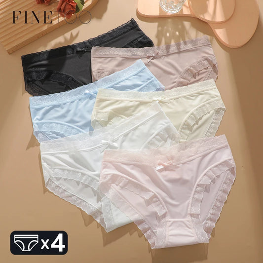 4-Pack Ice Silk Lace-Trim Bikini Briefs — Ultra-Thin Seamless Bow-Detail Panties