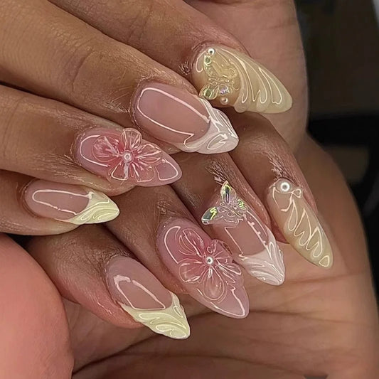 Almond Press-On Nails - 3D Floral, Butterfly & French Tip, 24 Pieces