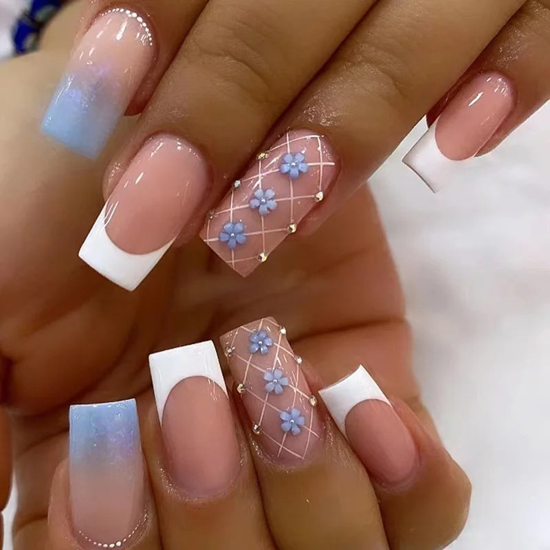 Medium Square Press-On Nails with Adhesive - Blush Pink Floral & French, 24 Pieces