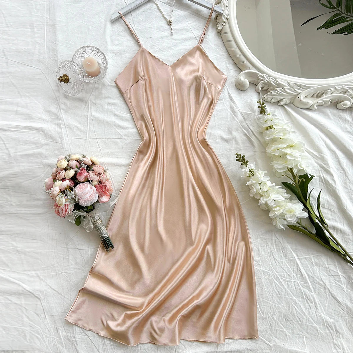 Satin Long Slip Nightdress — V-Neck Midi Sleeveless | Women's Elegant Sleepwear