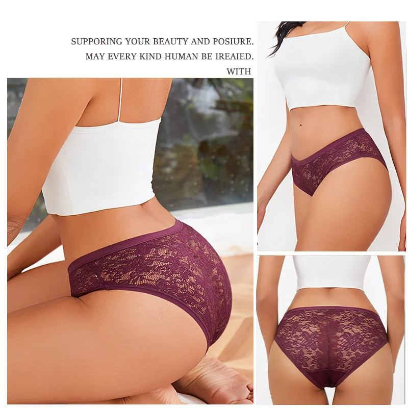 Seamless Floral Lace Brief Panties – Hollow-Out See-Through Underwear for Women (S–2XL, 6 Colors)