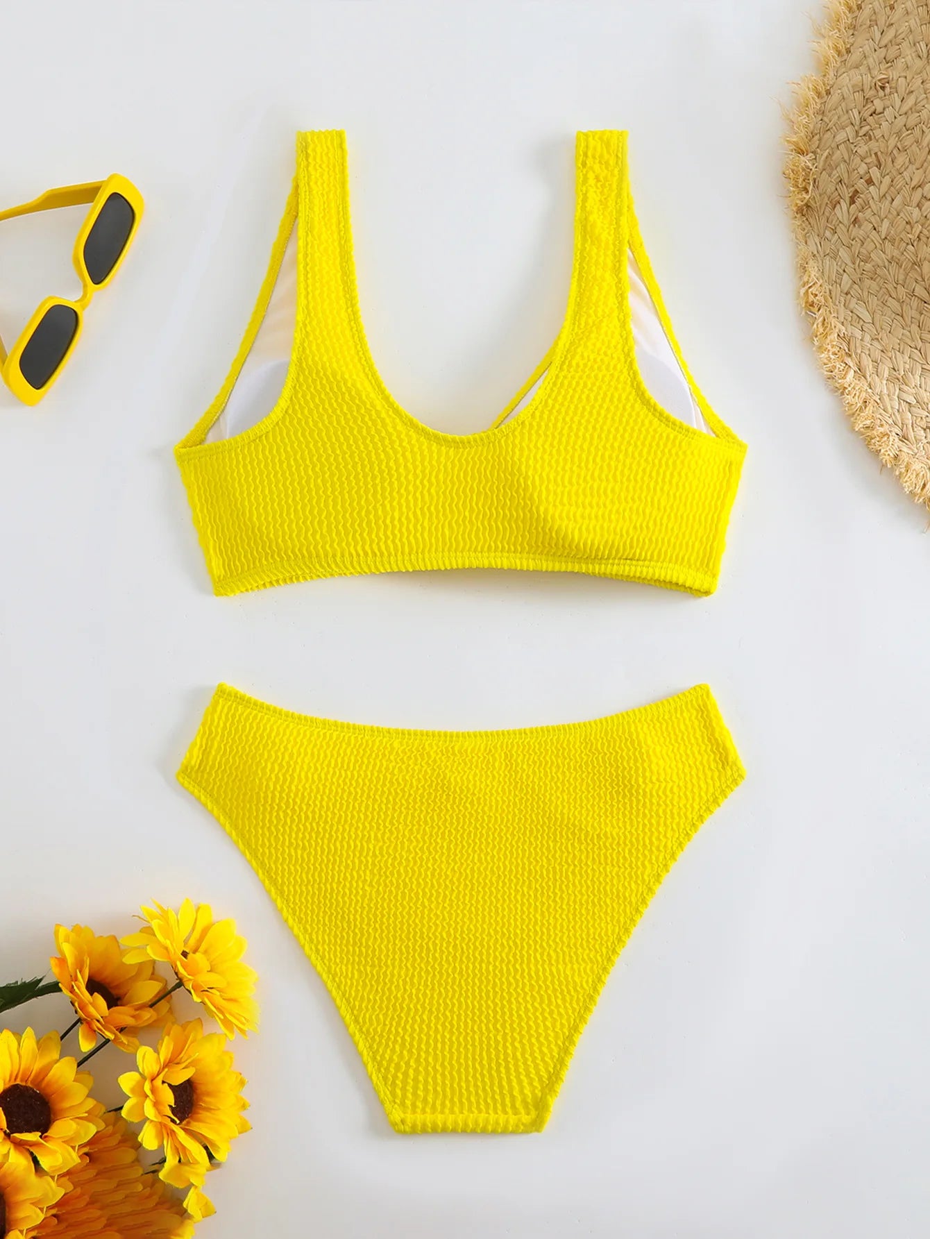 Solid Color High Waist Bikini Set — V-Neck Textured Top & Cheeky Bottoms | Women's Swimwear