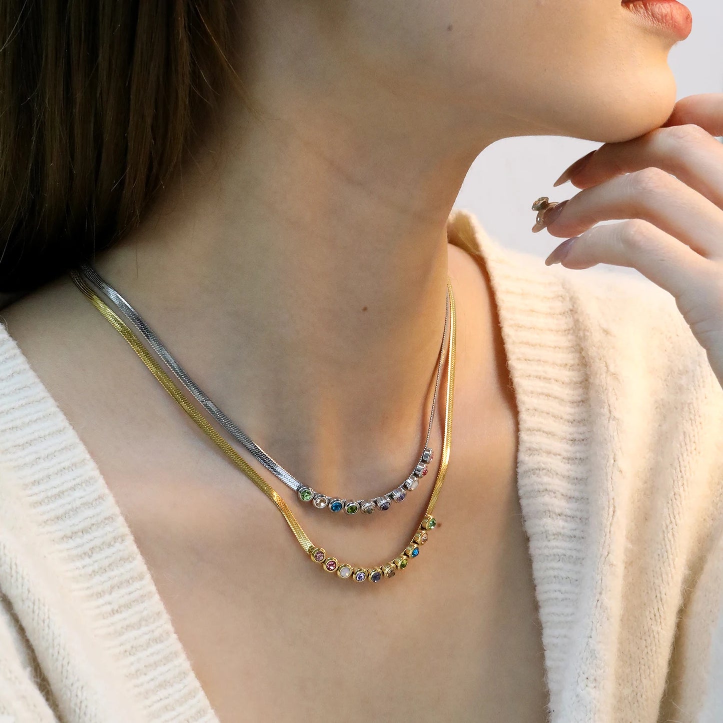 Blade Chain Necklace with Colorful Zirconia – 18K Gold-Plated Stainless Steel for Women