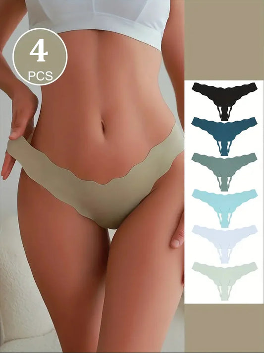 4-Pack Ice Silk Bikini Panties – Seamless Wavy Design for Women (S–XL, 12 Color Sets)