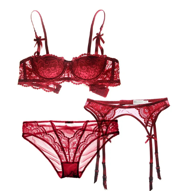 Floral Lace Bra, Panty & Garter 3-Piece Set – Push-Up, Underwire, Plus Size | Women's Lingerie