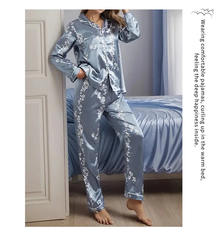 Satin Floral Pajama Set — Long Sleeve Button-Up Top & Pants