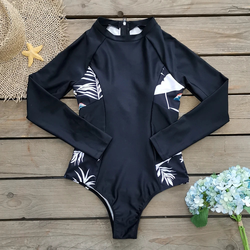 Color Block Surfing One-Piece Swimsuit — Long Sleeve Zipper | Women's Sport Swimwear