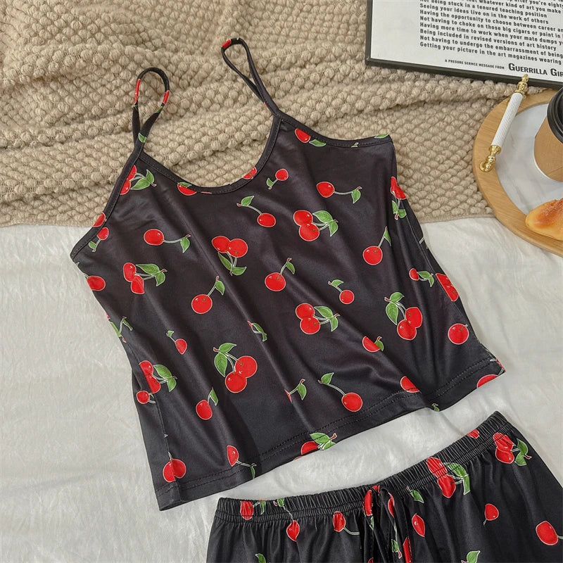 Cherry Print Ice Silk Pajama Set — Sleeveless Cami Top & Shorts