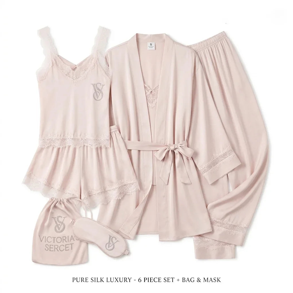 Women's Ice Silk Lace Trim Pajamas Set – Luxury Sleepwear Chemise & Robe