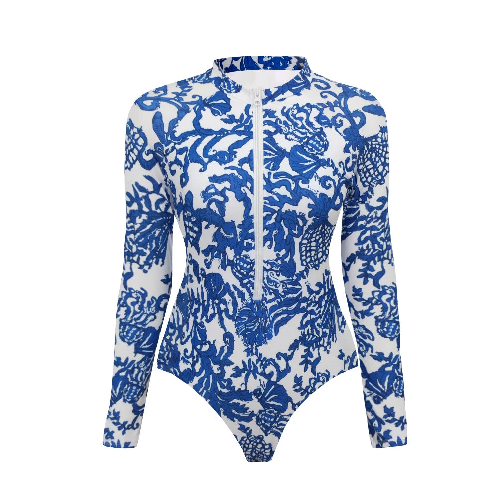 Color Block Surfing One-Piece Swimsuit — Long Sleeve Zipper | Women's Sport Swimwear