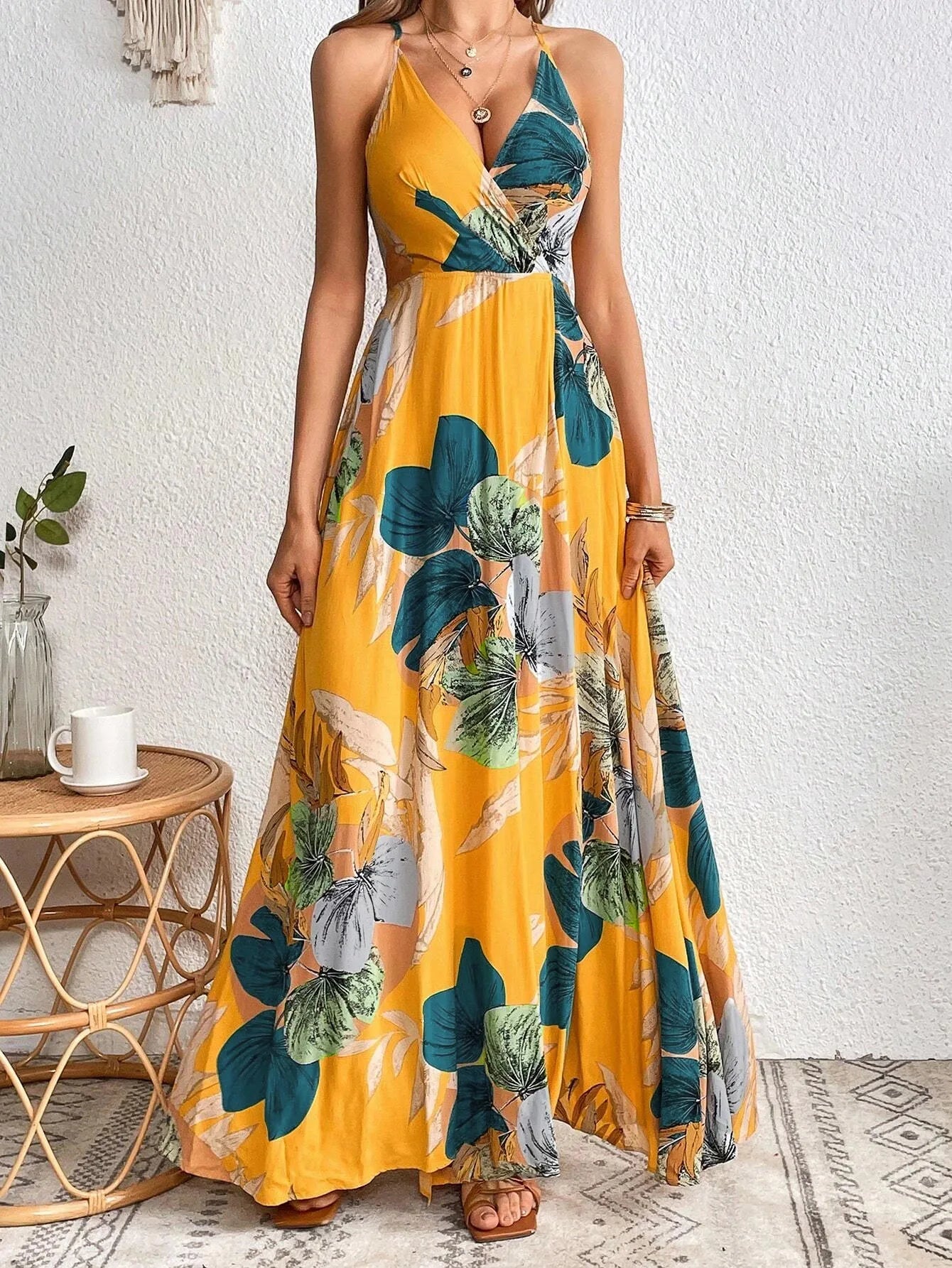 Tropical Print Thigh-High Slit Backless Spaghetti Strap Dress 1056