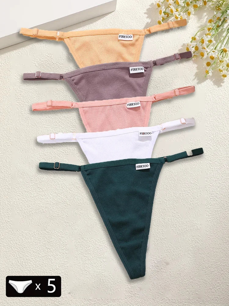 5-Pack Seamless Cotton G-String Panties – Adjustable Waist Low-Rise Underwear for Women (S–XL, 8 Color Sets)