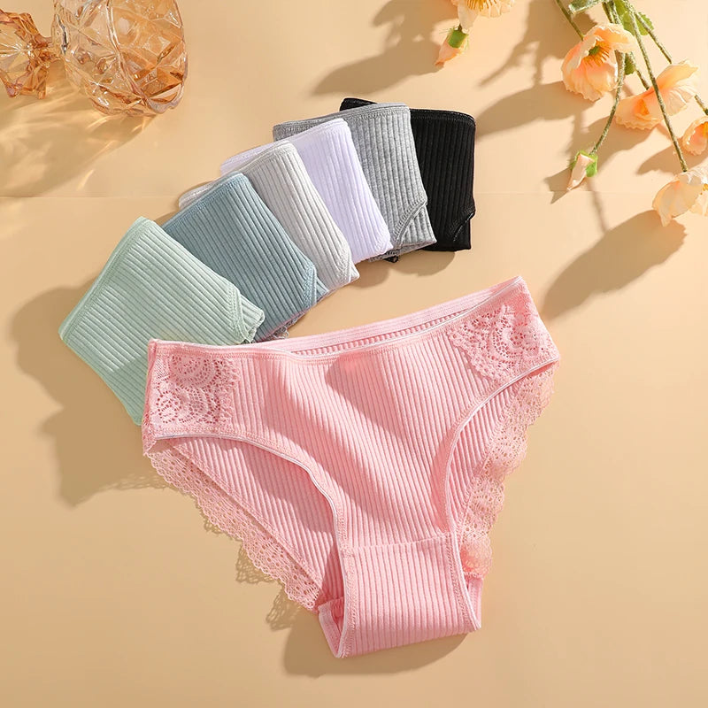 FINETOO 7PCS Cotton Underwear Women's Panties Set Comfort Underpants Floral Lace Briefs For Woman Sexy Low-Rise Pantys Intimates
