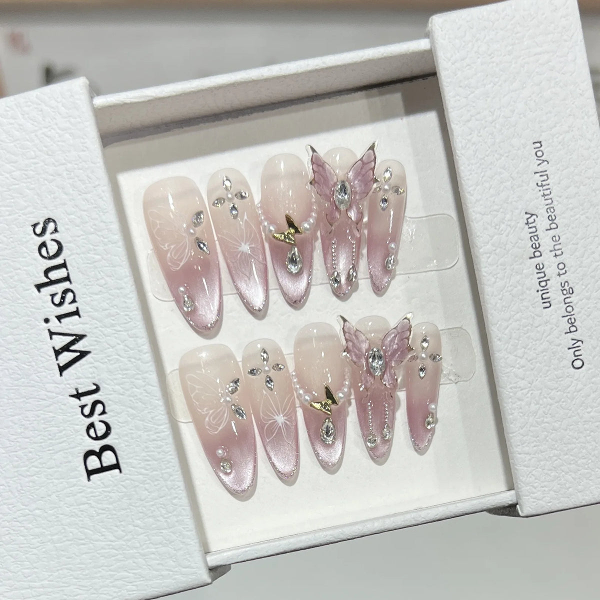 Medium Almond Press-On Nails – Blush, Purple & Butterfly Designs, 10 Pieces
