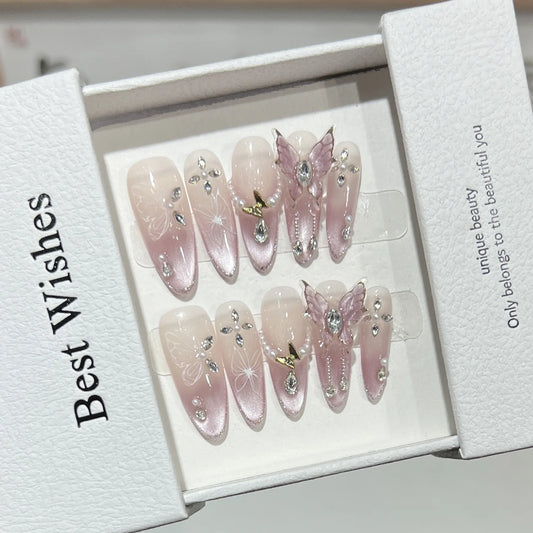Medium Almond Press-On Nails – Blush, Purple & Butterfly Designs, 10 Pieces
