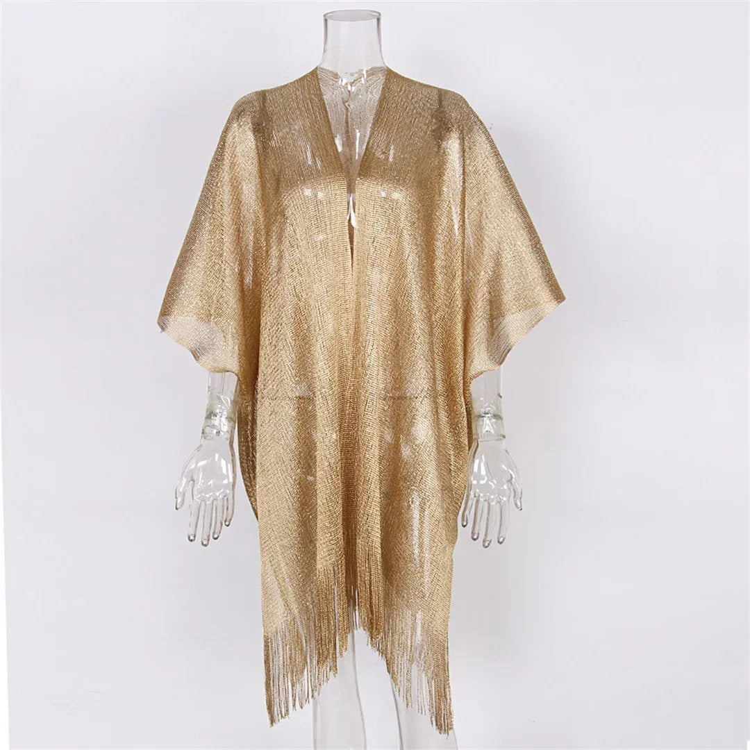 Metallic Tassel Trim Beach Cover-Up — Sheer Kimono | Women's Swimwear