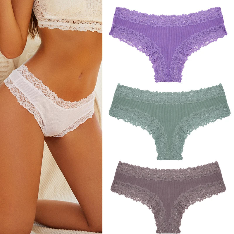 Women's Cotton Lace Briefs – 3-Piece Set | Soft Low-Rise Stretch Underwear (S–XL)