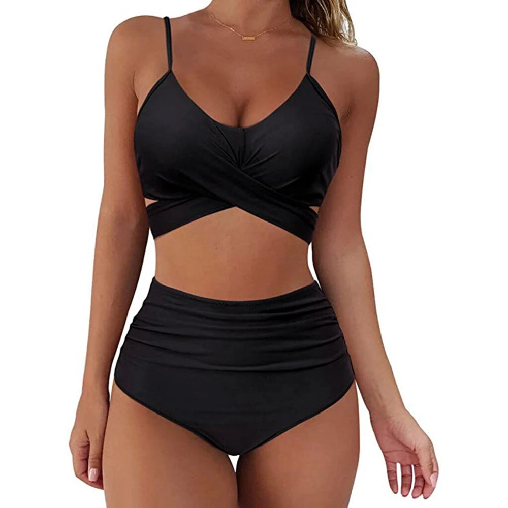 High Waist Bikini Set — Cross Front Top & Ruched Bottoms | Women's Swimwear