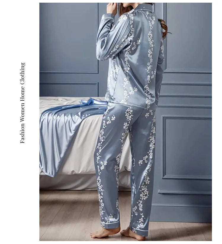 Satin Floral Pajama Set — Long Sleeve Button-Up Top & Pants
