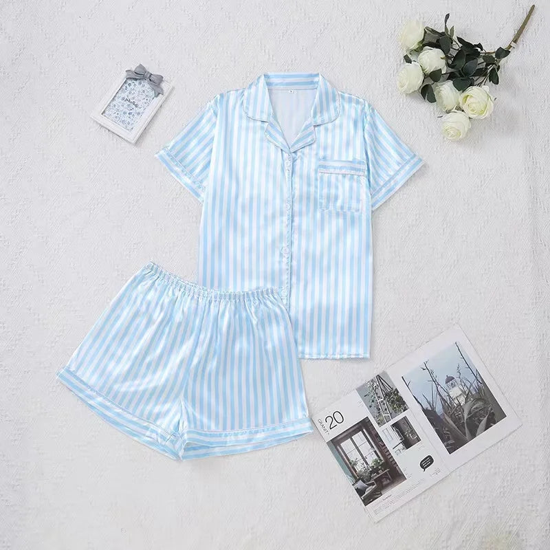 Striped Cardigan Pajama Set – Short-Sleeve Lapel Top & Shorts, Cotton Homewear for Women (S–XL)