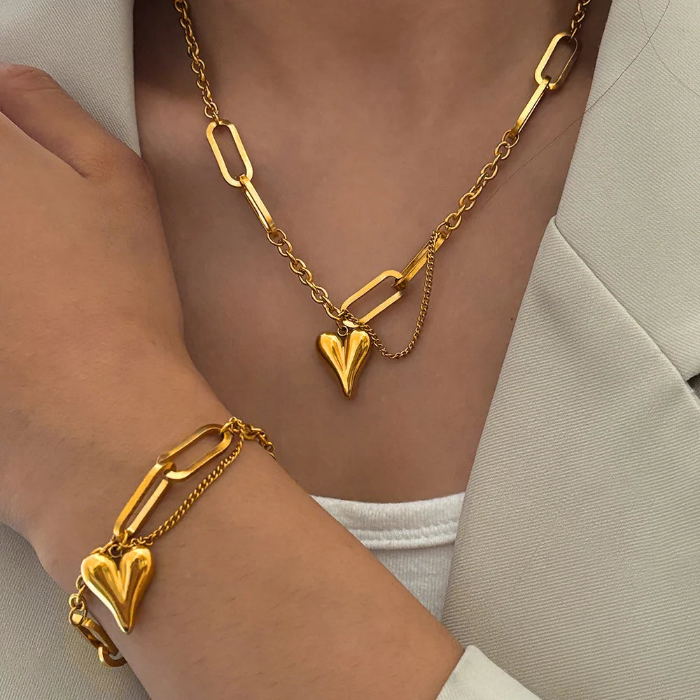 Cubic Heart Jewelry Set – 18K Gold-Plated Stainless Steel Necklace & Bracelet for Women