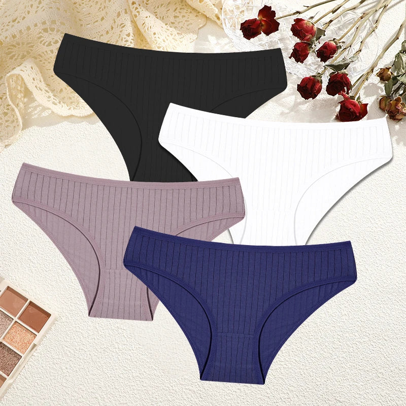 FINETOO 4Pcs Sexy Cotton Panties for Women Underwear Striped Panty Female Soft Lingeries Briefs Pantys Girl Underpant Intimates