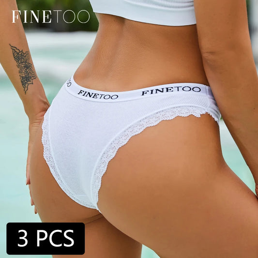 3-Pack Cotton Lace-Trim Brazilian Thongs — Logo Waistband Low-Rise G-String M–2XL