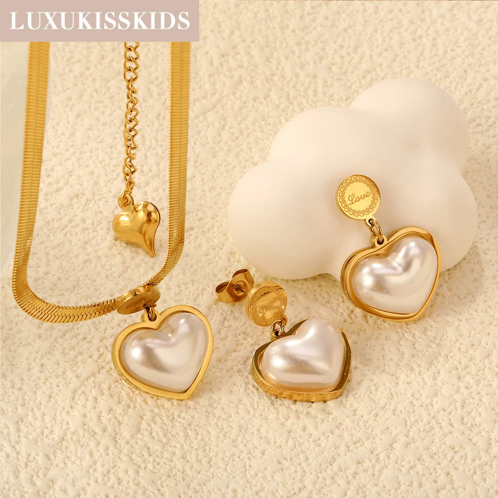 LUXUKISSKIDS Fashion Cubic Love Heart Minimalist Jewelry Set Necklace Earrings Bracelets Stainless Steel Women Party Accessories