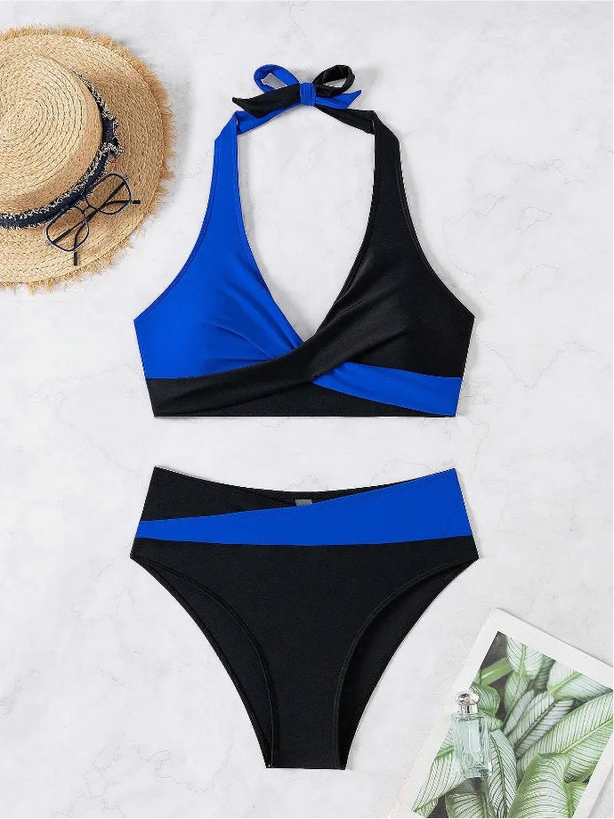 Color Block Wrap Bikini Set — Halter Crossover Top & High Waist Bottoms | Women's Swimwear