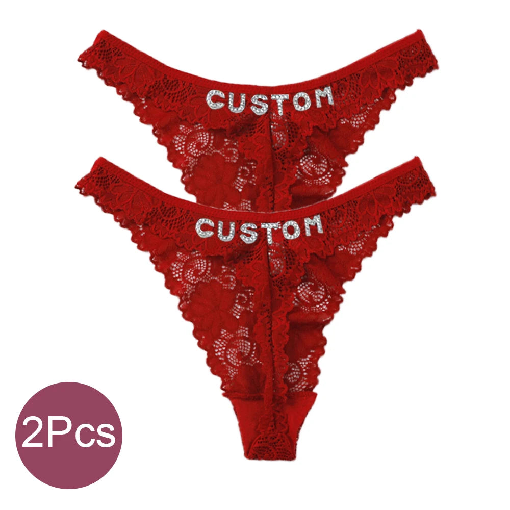 Custom Name Crystal Letter Thong | Dual-Color Lace G-String | Personalized Hotwife Gift