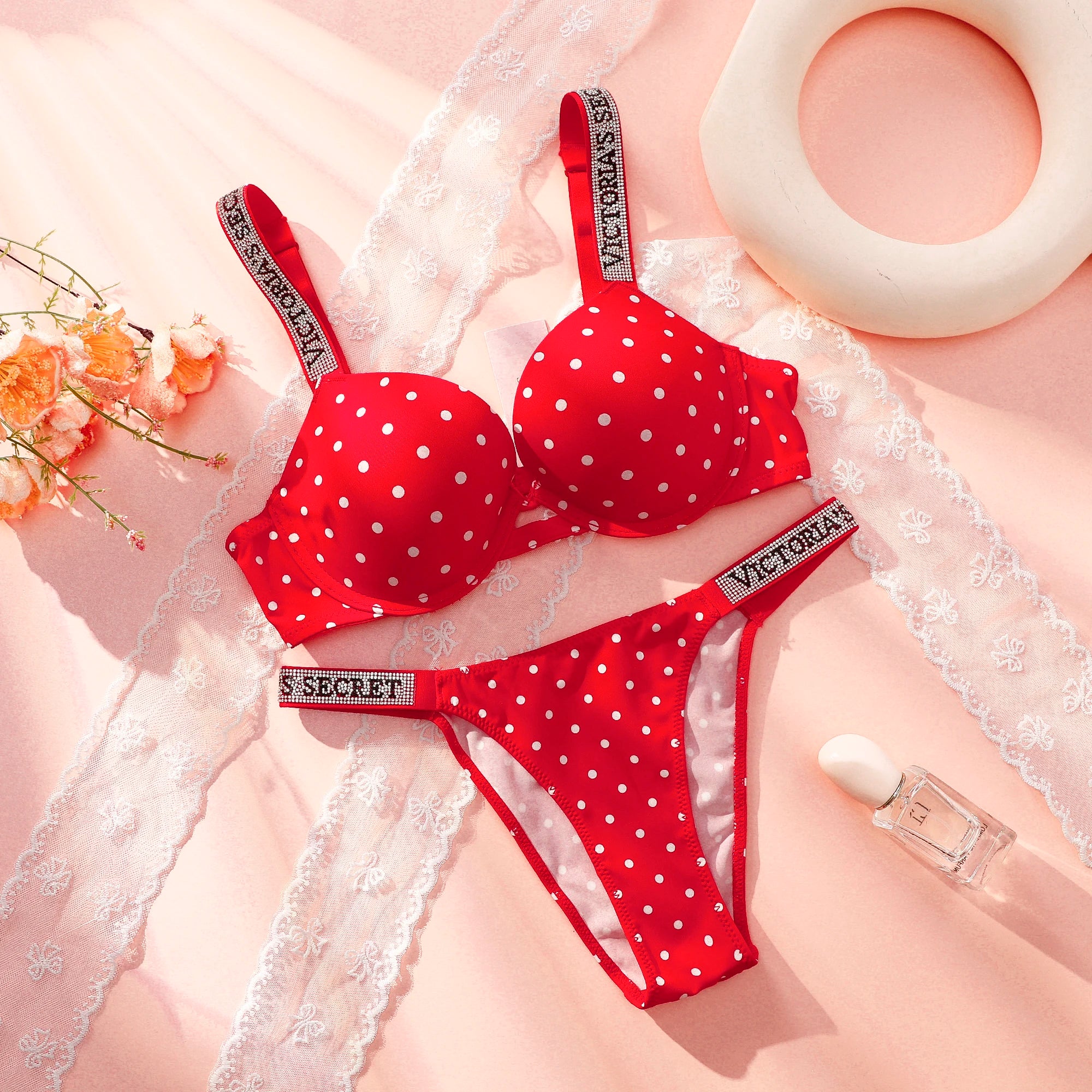 Women's Polka Dot Lace Push-Up Bra & Panty Set – Seamless Underwire Lingerie