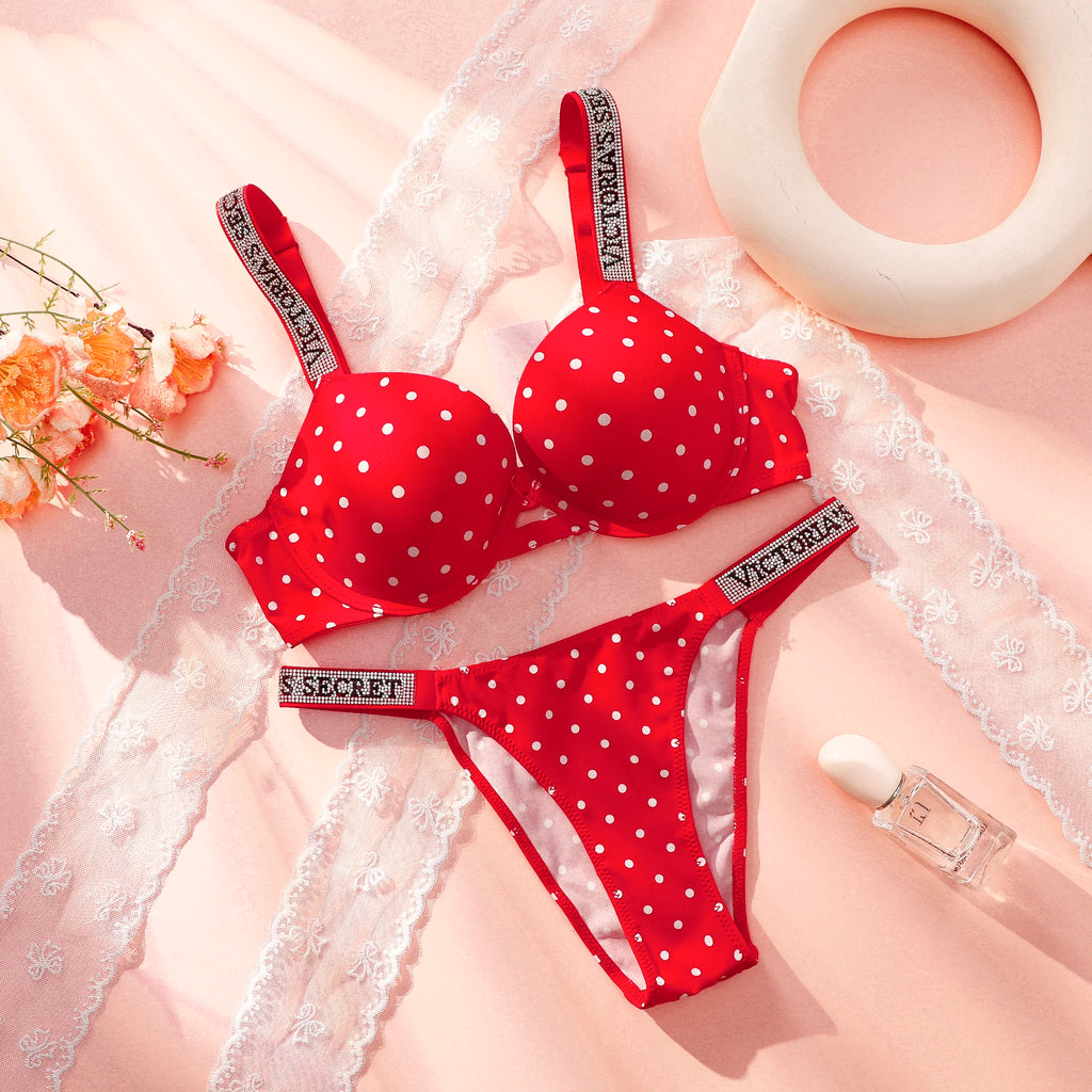 Women's Polka Dot Lace Push-Up Bra & Panty Set – Seamless Underwire Lingerie