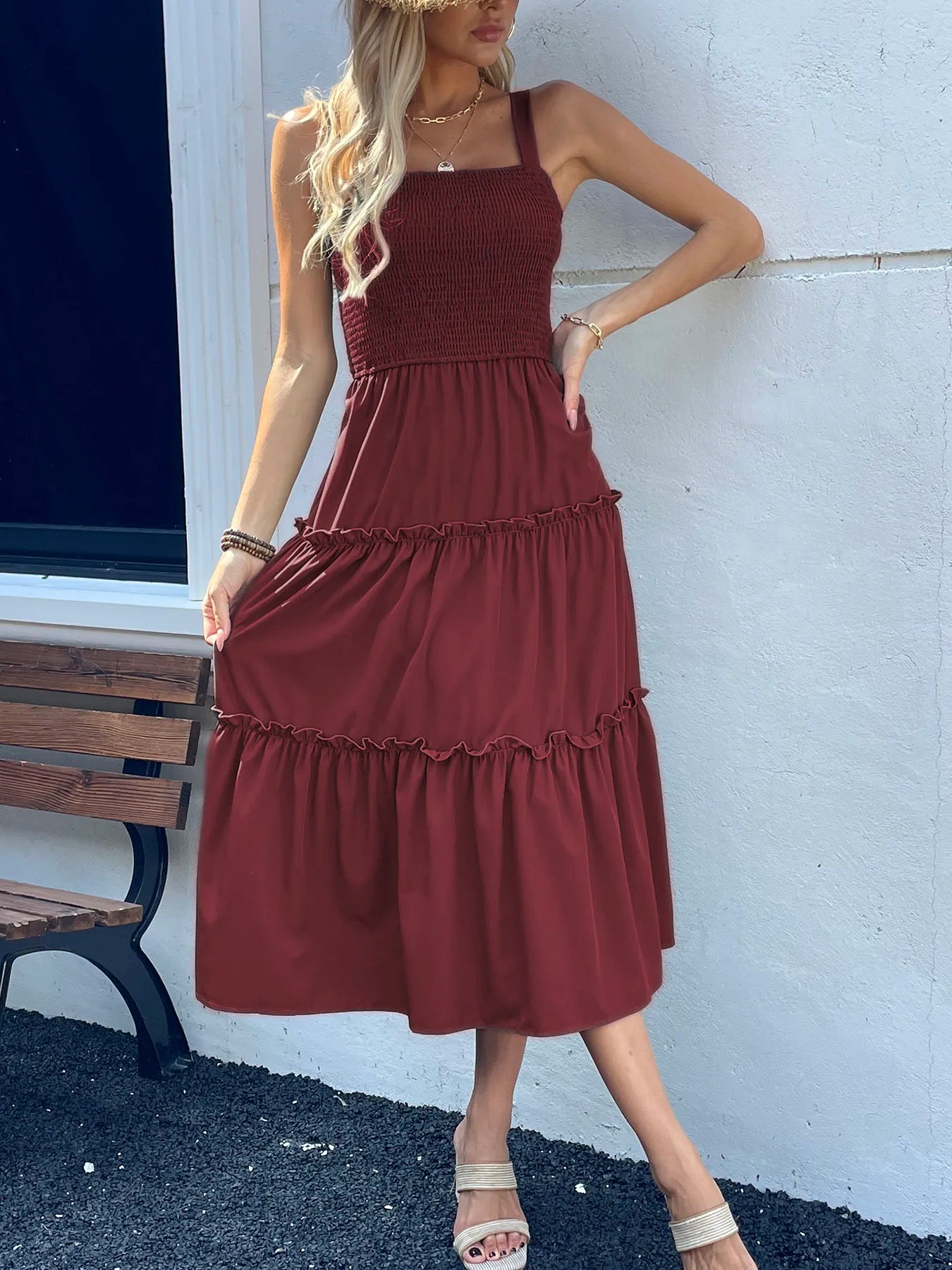 Women's Ruched Bust Ruffle Hem Sleeveless Slip Dress - Summer Sexy Bodycon Tube Strap Dress for Party Beachwear