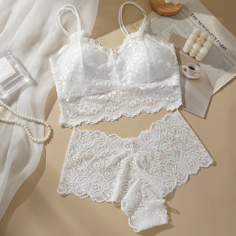 Floral Lace Longline Bralette & Boyshort Set — Wire-Free Padded | Women's Lingerie