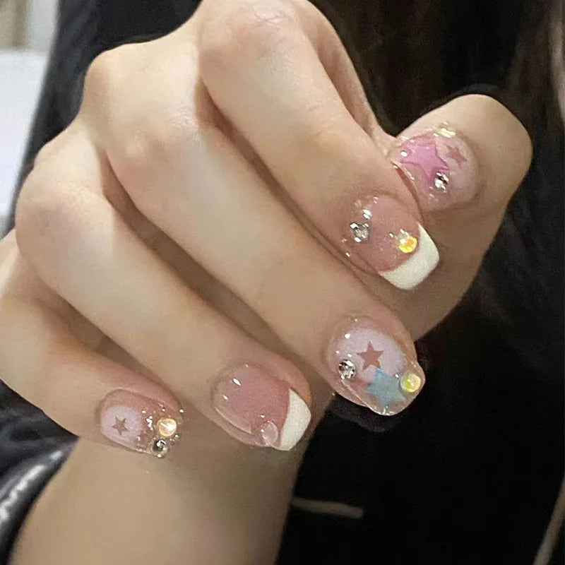 Galaxy Glitter Press-On Nails – Star & Cat-Eye Designs, 24 Pieces