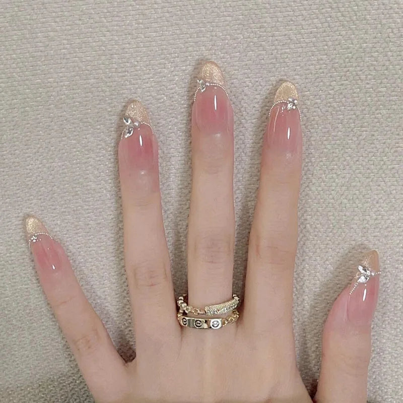 Handmade Almond Press-On Nails - Butterfly, French & Pearl Designs, 24 Pieces