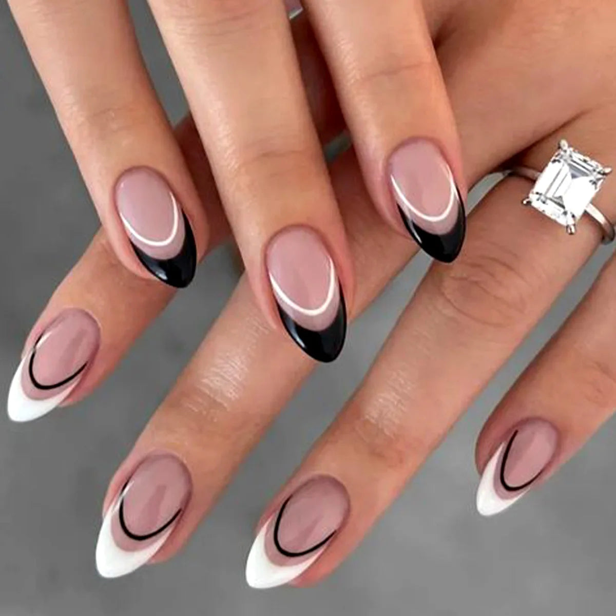 Almond Press-On Nails - French Tip & Gradient Designs, 24-Piece Set