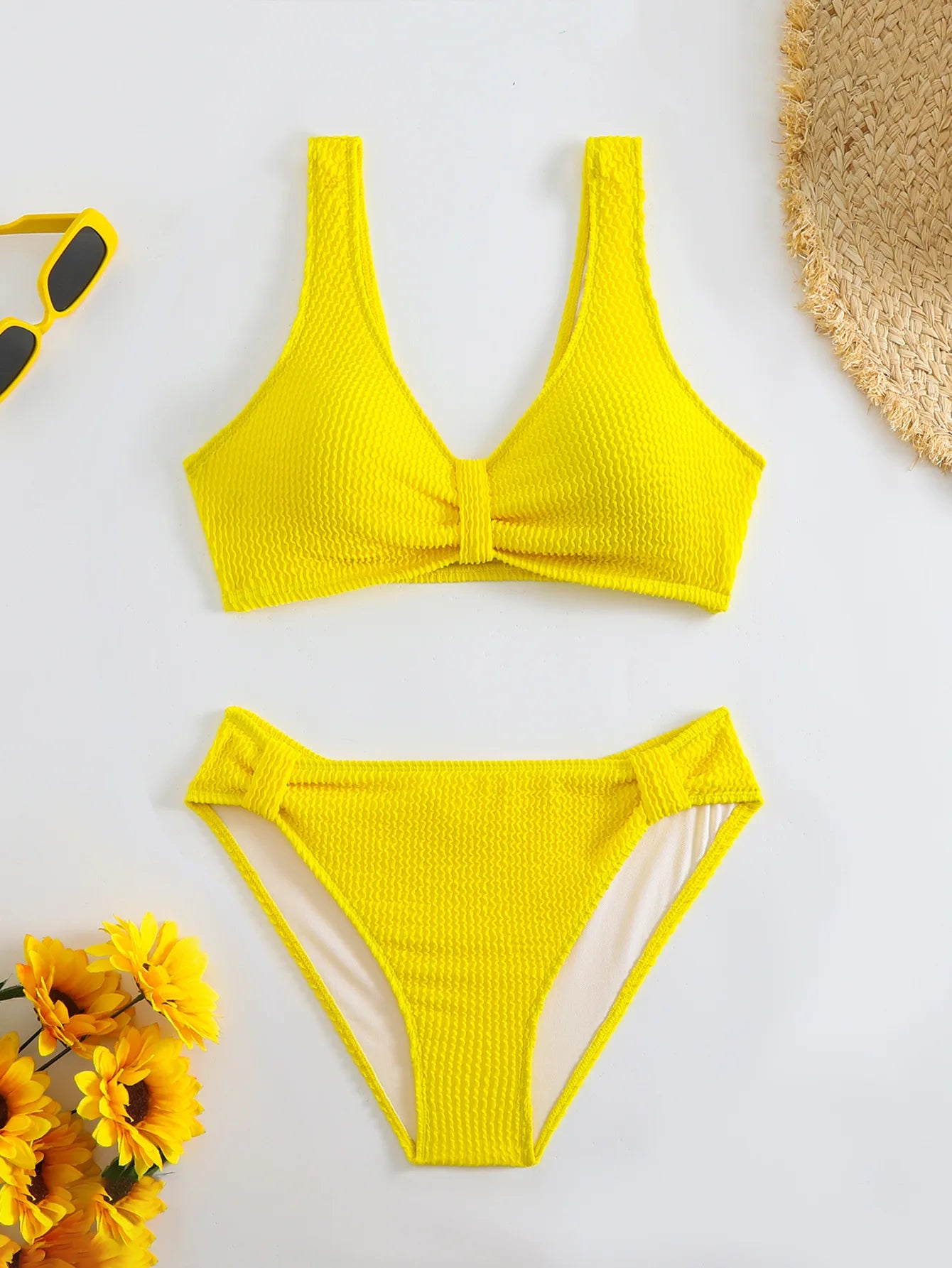 Solid Color High Waist Bikini Set — V-Neck Textured Top & Cheeky Bottoms | Women's Swimwear