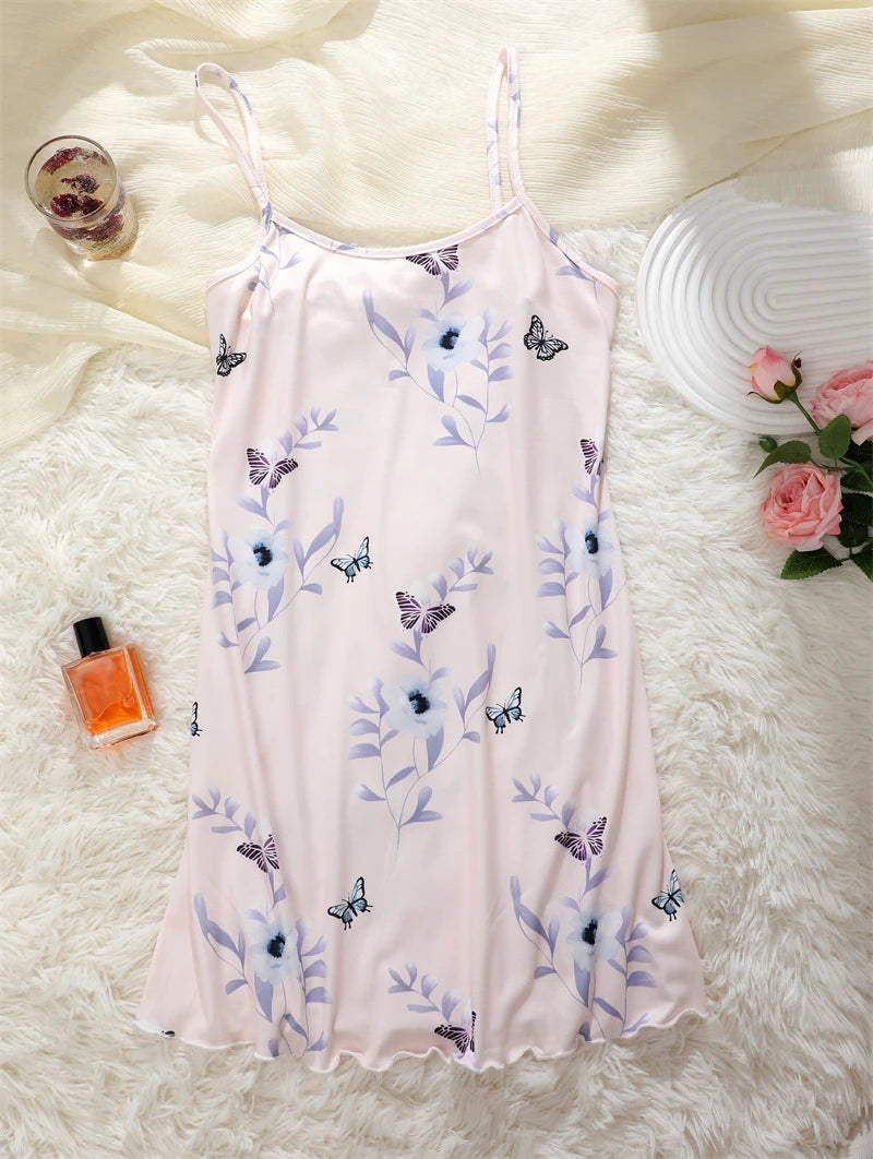 Butterfly Print Satin Sleep Dress — Spaghetti Strap Mini Nightgown