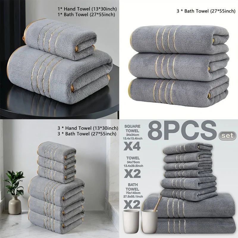 Golden Striped Coral Fleece Bath Towel Set – Ultra-Soft, Quick-Dry, Machine Washable (2, 3, 6 or 8 Pcs)