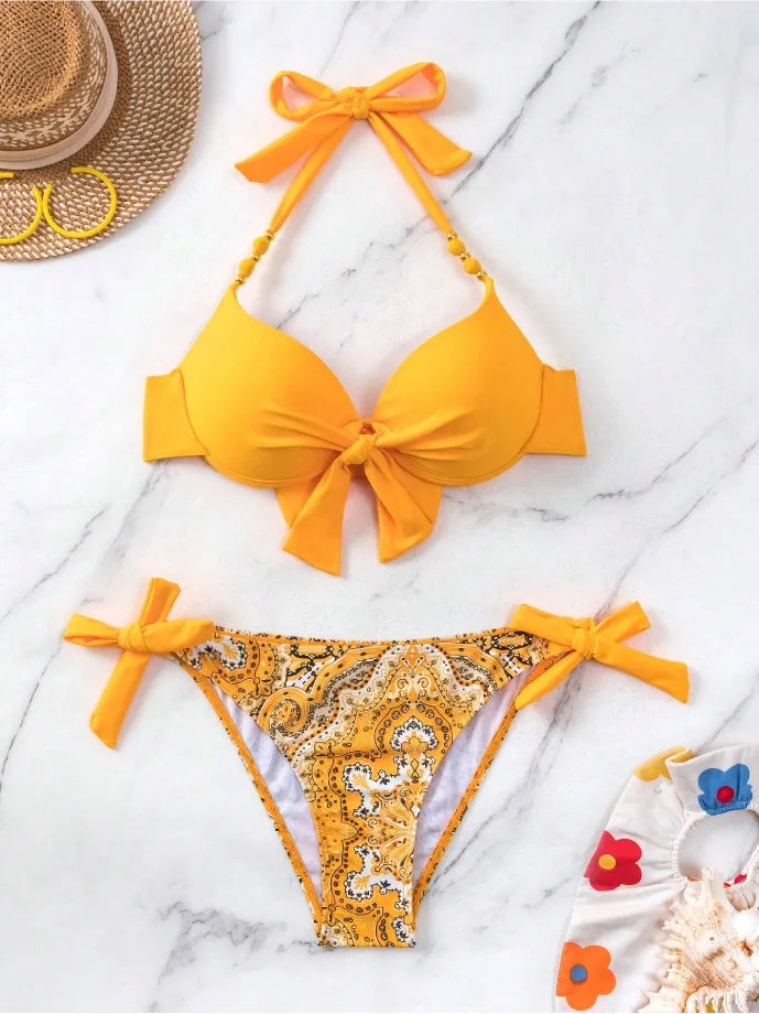 Push-Up Halter Bikini Set — Bow-Tie Top & Printed Side-Tie Bottoms | Women's Swimwear