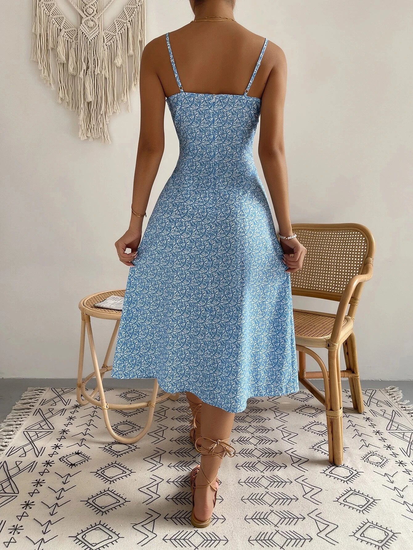 Floral Strappy Dress with Gathered Bust & Thigh Slit – Sexy Summer Dress