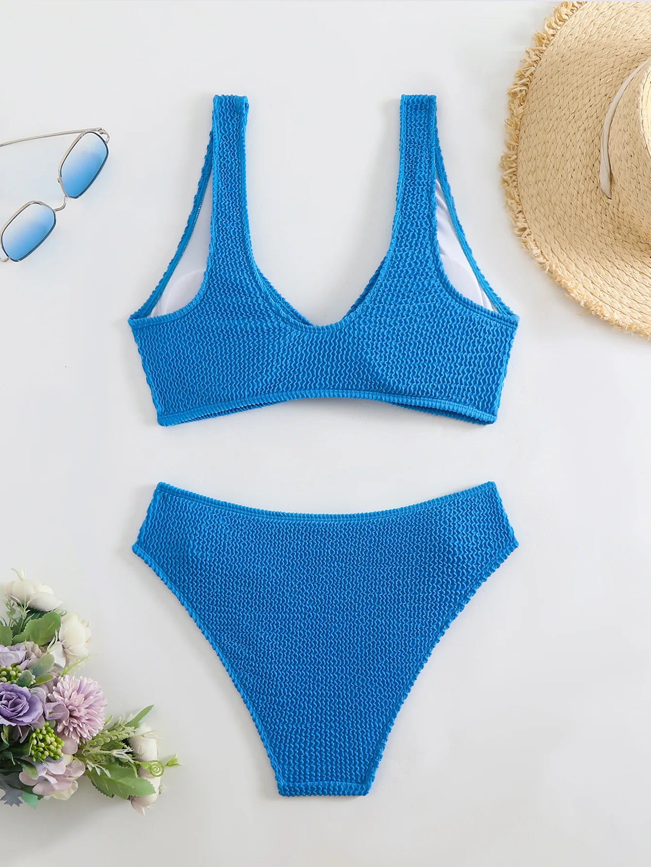 Solid Color High Waist Bikini Set — V-Neck Textured Top & Cheeky Bottoms | Women's Swimwear