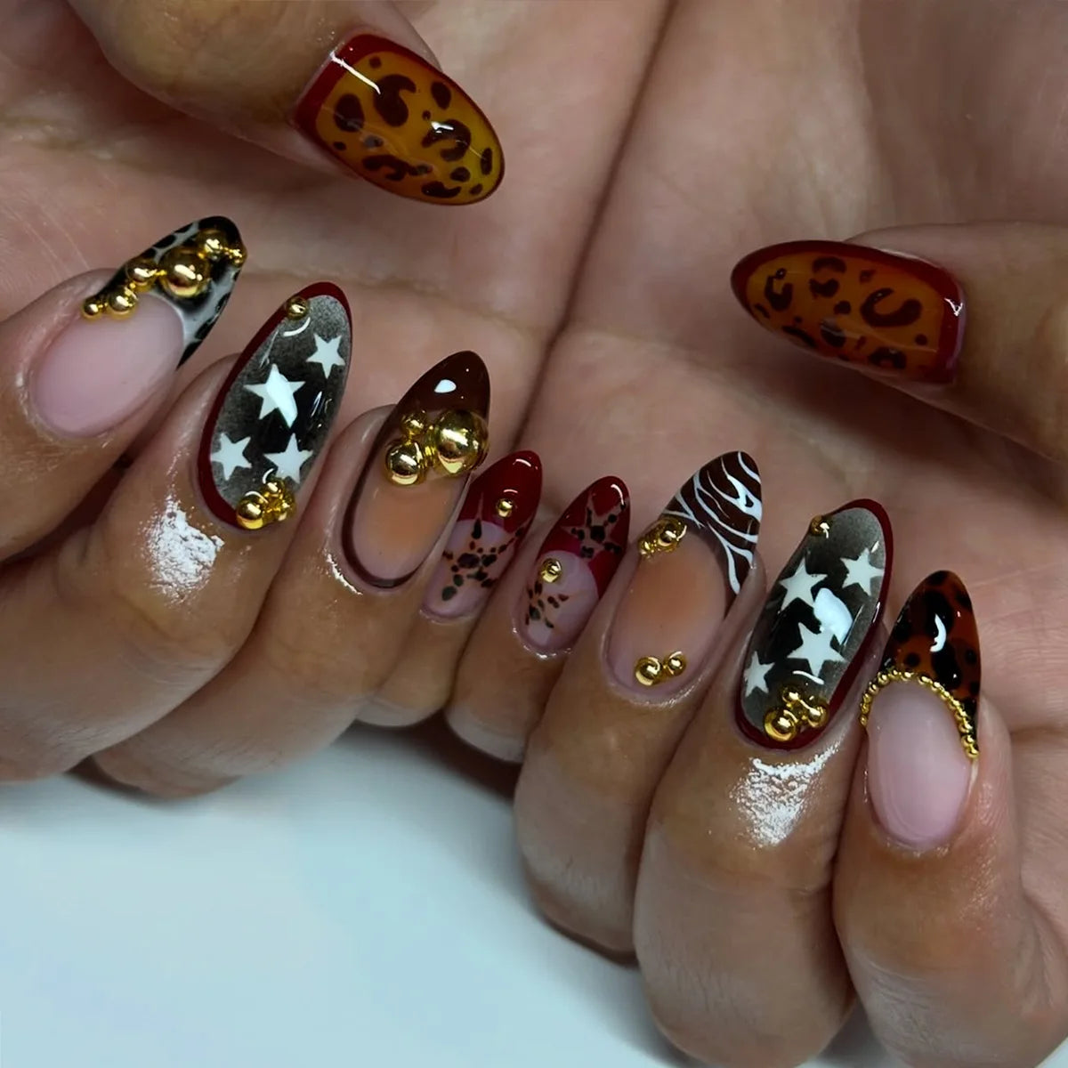 French Almond Press-On Nails – Leopard Print & 3D Bow Designs, 24 Pieces