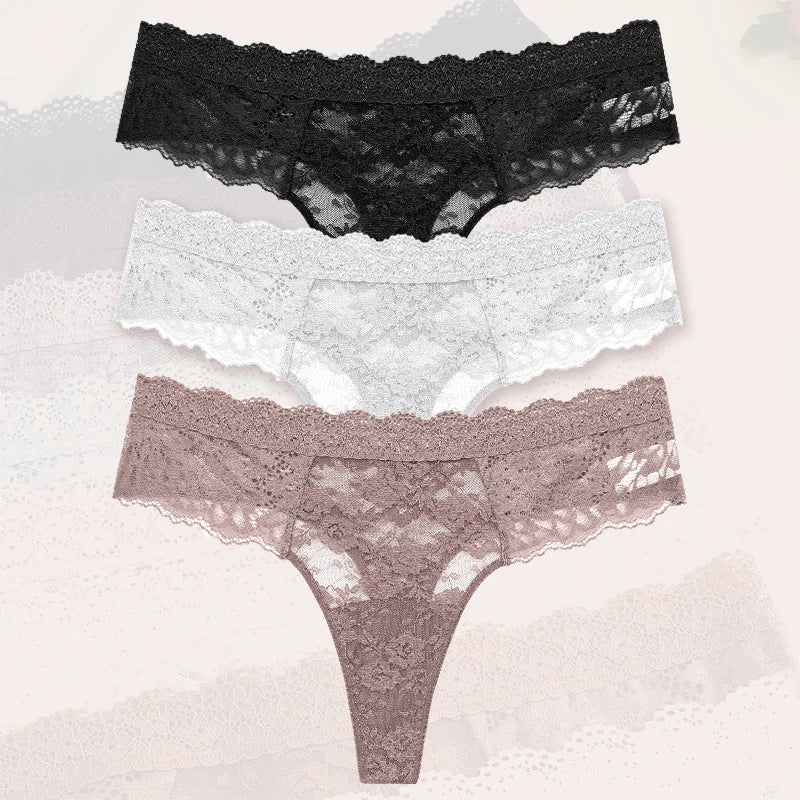 3Pcs Lace Sexy Thongs Women Low-Rise Briefs Sexy Soft Ladies Underwear Trendy Floral Underpants Female Flowery Panty Lingerie