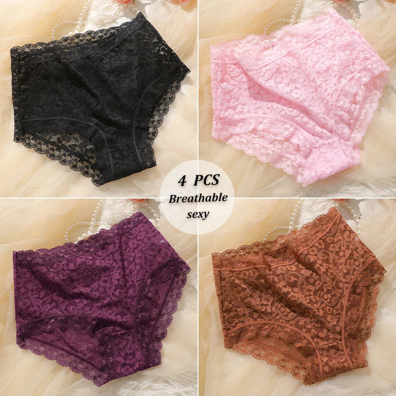 4-Pack High-Waist Lace Panties – Soft Breathable Hollow Briefs for Women (S–3XL, 9 Color Sets)