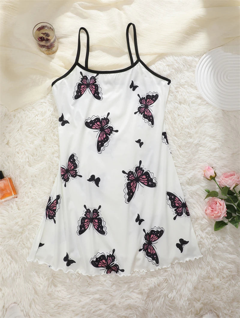 Butterfly Print Satin Sleep Dress — Spaghetti Strap Mini Nightgown